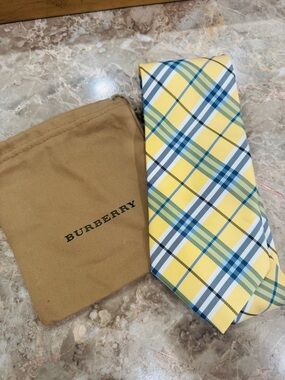 Burberry Yellow and Navy Plaid Silk Tie
